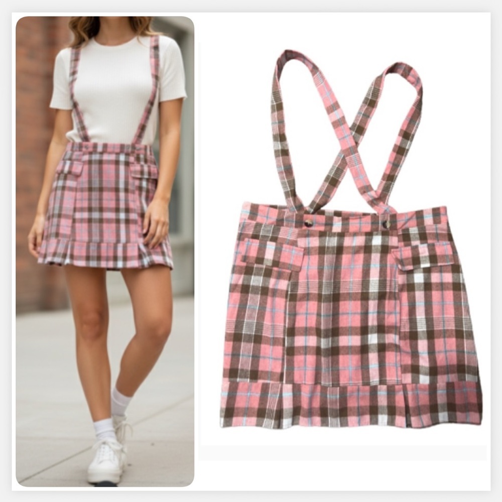 Pink Plaid Mini Skirt with Removable Straps